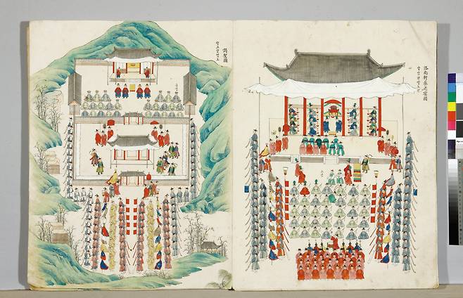 A section from "Uigwe," or manuscripts for royal protocol during the Joseon Dynasty, depicts King Jeongjo's Royal Parade in 1795. (National Museum of Korea)