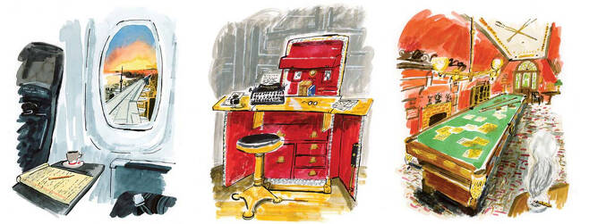 신간 `작가의 방`에 실린 삽화. 마거릿 애트우드는 비행기나 카페에서 글을 썼고(왼쪽), 아서 코난 도일은 `집필 트렁크`를 들고 다녔으며(가운데), 마크 트웨인은 집필 방에 당구대를 놓고 썼다고 한다. [사진 제공 = 부키]