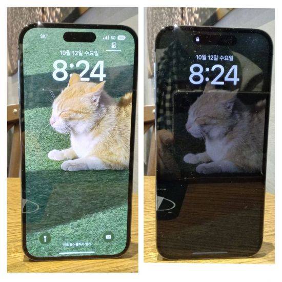 아이폰에 신규 탑재된 AOD(Always On Display) 기능. 조도만 낮춘 형태로 배경화면을 그대로 담는다.