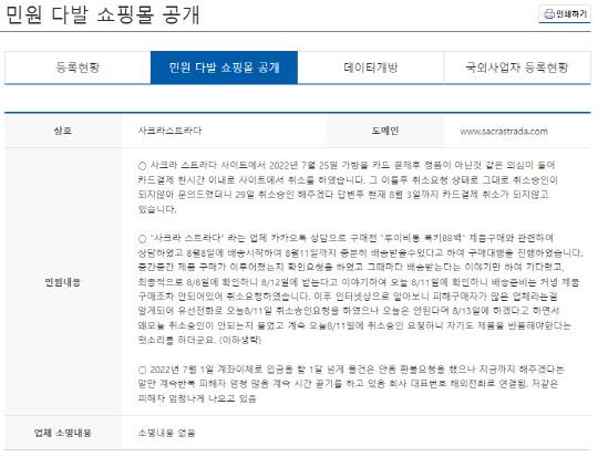 공정거래위원회 홈페이지 '민원다발쇼핑몰' 공개 내용. 사진=공정위 제공