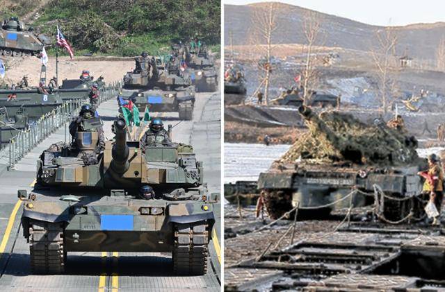 19일 경기 여주시 연양리 남한강 일대에서 실시된 한미연합 도하훈련에서 K2흑표전차들이 부교를 건너고 있다(왼쪽). 2017년 1월 북한 서울 류경수에 105탱크사단의 도하 훈련에 참여한 북한군 전차가 부교를 걷너고 있다. 여주=왕태석 선임기자·평양=조선중앙통신 연합뉴스