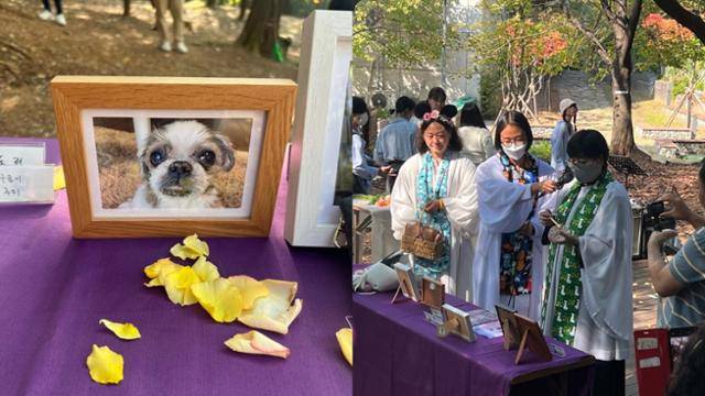 15일 서울 구로구 연동로 성공회대에서 열린 '2022 가을 반려동물 축복식'에서 성직자들이 무지개 다리를 건넌 반려동물을 축복하고 있다(오른쪽 사진). 기자도 2019년 세상을 떠난 반려견 꿀꿀이 사진을 들고 축복식에 참석했다. 고은경 기자