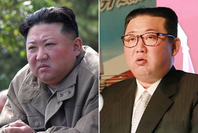 9월 25일부터 10월 9일 사이 어느 날 전술핵 운용부대 군사훈련을 지켜보는 김정은 북한 국무위원장의 얼굴이 매우 피곤해 보인다. 얼굴 피부에는 트러블(붉은 원 안)까지 생겨 있다(왼쪽 사진). 이 같은 모습은 1년 전인 2021년 10월 11일 '국방발전전람회 자위-2021'에 참석해 연설하는 사진 속 김 위원장과 확연히 차이가 난다. 평양=조선중앙통신 연합뉴스·노동신문 뉴스1