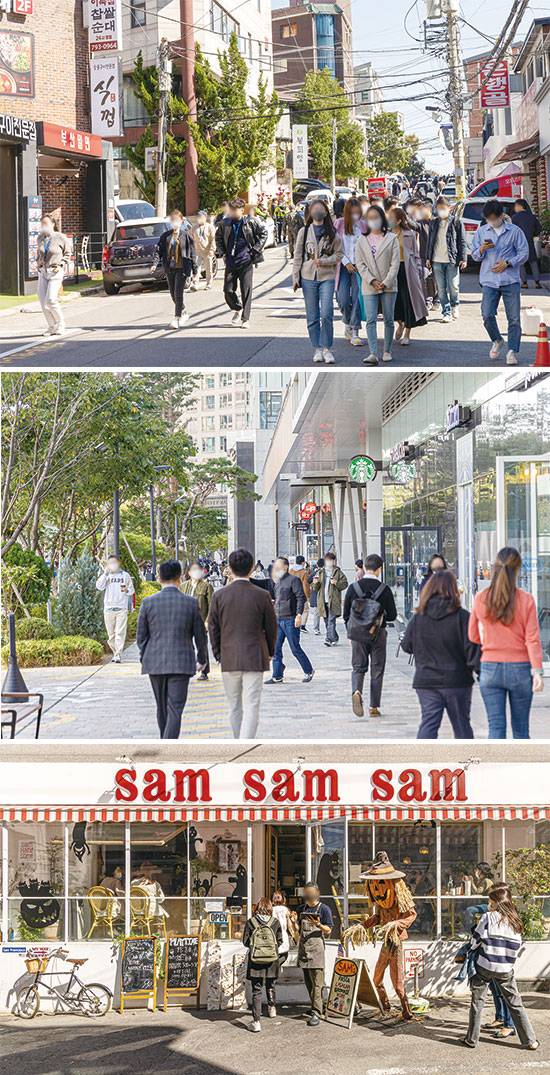 (위에서 부터)아모레퍼시픽 본사에서 삼각지역까지 이어지는 ‘용리단길’ 상권 길목. 신용산역 인근 센트럴파크 앞. 미국 샌프란시스코가 콘셉트인 용리단길 유명 맛집 ‘쌤쌤쌤’. (윤관식 기자)