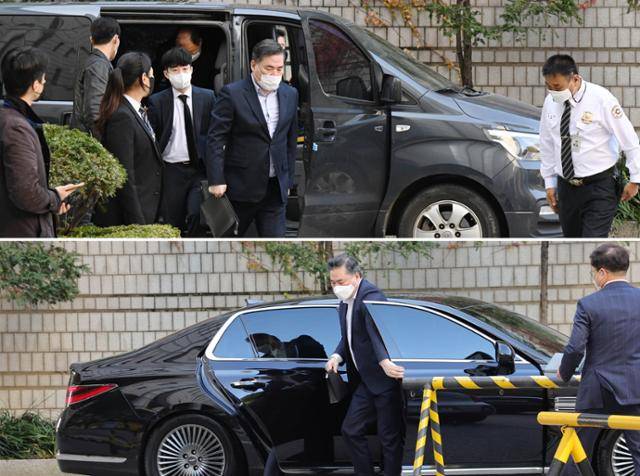 유동규 전 성남도시개발공사 기획본부장이 28일(위 사진)과 24일 서울 서초구 서울중앙지방법원에서 열린 '대장동 개발사업 로비·특혜 의혹' 관련 재판에 출석하는 모습이 대조적이다. 석방 이후 두 번째로 재판에 출석하던 24일 일반 차량을 이용해 법원에 온 유 전 본부장은 경찰의 신변보호 조치 시행 이후인 28일에는 경찰 호송차를 타고 사복경찰, 법원 보안관리대의 경호를 받으며 법정으로 향했다. 왕태석 선임기자