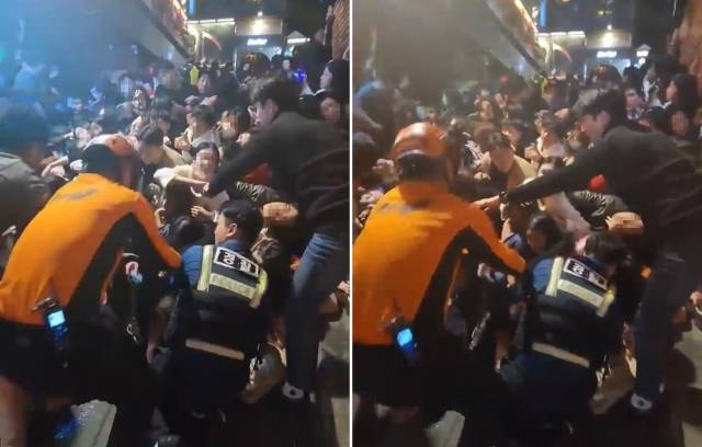 경찰과 소방대원이 압사 사고로 낀 시민들을 구출하고 있다. SNS캡쳐