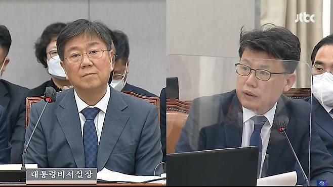 ▲진성준(오른쪽) 더불어민주당 의원이 8일 오후 속개된 국회 운영위원회 소관 대통령실 국정감사에서 김대기 대통령 비서실장을 상대로 왜 이태원 참사 희생자 명단을 가린채 분향하게 했느냐고 비판하고 있다. 사진=JTBC 영상 갈무리