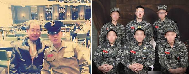 (왼쪽부터) 해병대 시절 아버지와 찍은 사진, 군대 선후임들과 함께 찍은 사진. /김강현 씨 제공