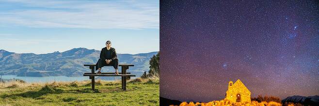 김 씨가 여행 가서 직접 찍은 사진이다. (왼쪽부터) 뉴질랜드 남섬 아카로아, 뉴질랜드 테카포 호수에서 마치 쏟아지는 듯한 별들. /김강현 씨 제공