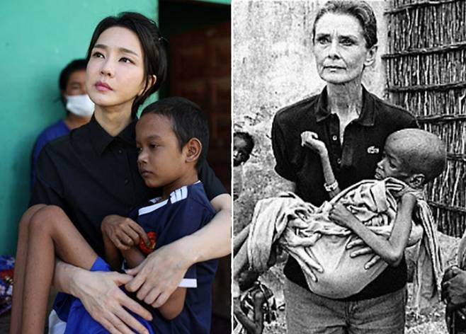김건희(왼쪽) 여사가 12일(현지시각) 캄보디아 프놈펜에서 선천성 심장질환을 앓고 있는 소년을 안고 있다. 오른쪽은 영화배우 오드리 헵번이 소말리아 봉사활동에서 영양실조 어린이를 안고 있는 모습. [연합, 헤럴드DB 등]