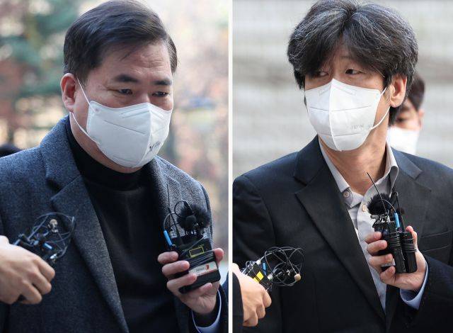 유동규 전 성남도시개발공사 본부장(왼쪽)과 남욱 변호사가 21일 오전 서울 서초구 서울중앙지방법원에서 열린 대장동 개발 사업 로비·특혜 의혹 관련 1심 속행 공판에 출석하고 있다. 연합뉴스