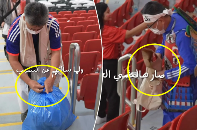 일본 관중들은 한국시간으로 21일 새벽 에콰도르와 개최국 카타르의 개막전을 관람한 뒤 자리에 남아있던 병과 비닐봉지 등을 치우며 가장 늦게 경기장을 떠났다. 인스타그램 캡처