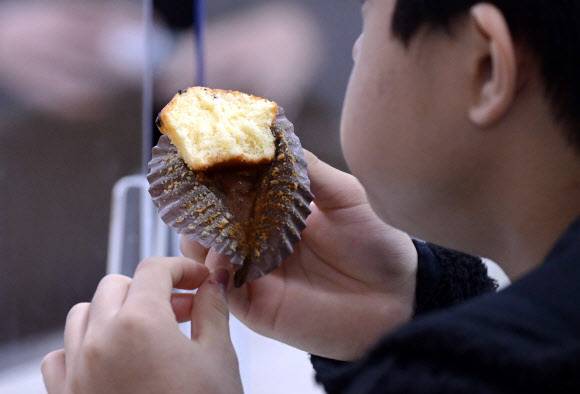 학교비정규직노동자들이 정규직과 임금 차별 해소 등을 요구하며 총파업에 돌입한 가운데 25일 서울 성동구의 한 중학교에서 학생들이 샌드위치와 머핀 등 대체 급식으로 점심을 해결하고 있다. 연합뉴스