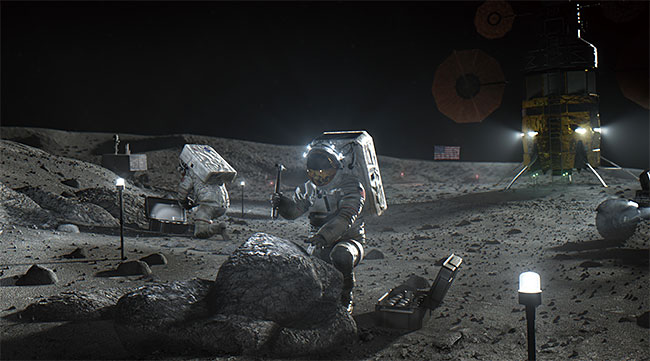 우주인들이 달 표면에서 탐사를 하는 모습의 상상도. 나사는 2030년 이전 달에 거주지를 세워 우주인을 체류시키고 탐사를 진행시키겠다고 밝혔다. 사진 NASA