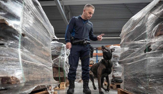 지난 3일 네덜란드 로테르담 항구에서 경찰이 마약 수색을 벌이고 있다. [연합]
