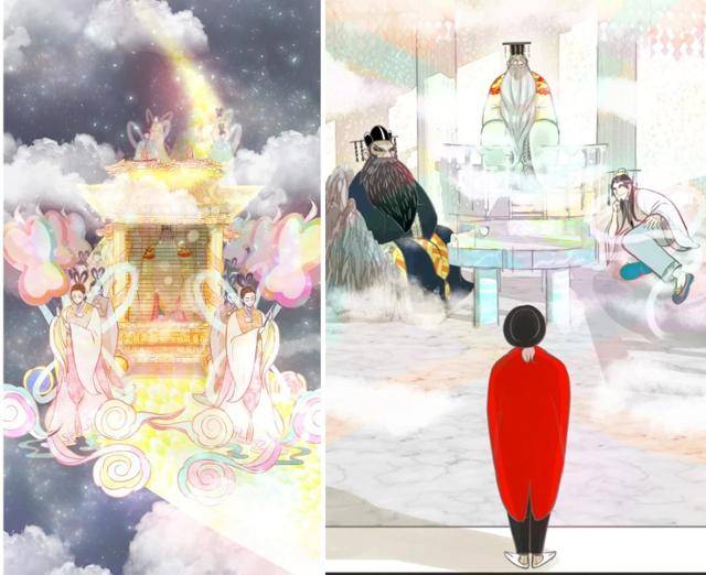도교와 민속 설화를 접목한 카카오웹툰 '수린당'은 '옥황상제' 행차 장면(왼쪽)과 옥황상제·월하노인 등 선계 인물들이 한자리에 모인 장면 등에서 몽환적인 선계의 분위기를 잘 살려 표현했다. 카카오웹툰 캡처