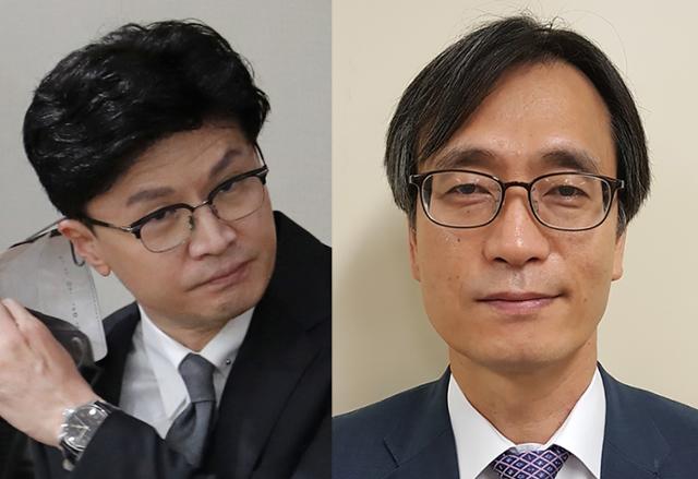 한동훈 법무부장관(왼쪽)과 정진웅 법무연수원 연구위원. 한국일보 자료사진