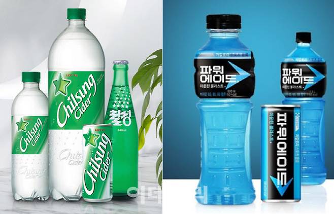 롯데칠성음료 ‘칠성사이다’(왼쪽)와 LG생활건강 ‘파워에이드’ 음료. (사진=각 사)