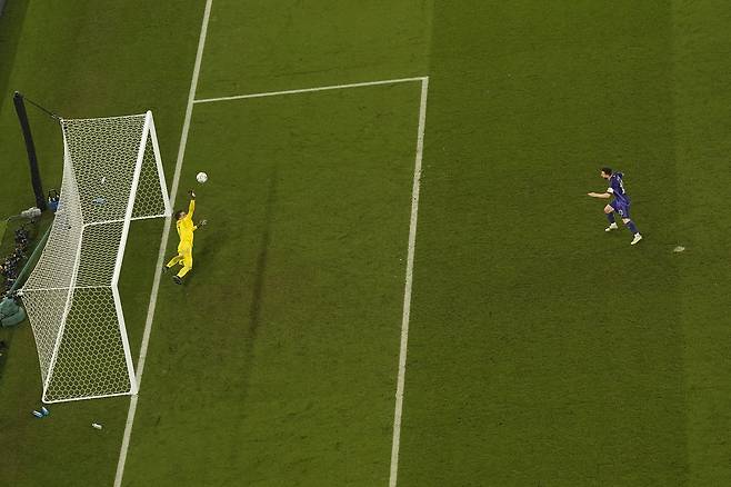 피널티킥 키커로 나선 메시의 슛을 폴란드 골키퍼 슈체스니가 막아내고 있다. AP=연합뉴스