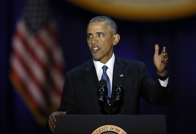 버락 오바마 전 미국 대통령이 지난 2017년 1월 사카고에서 임기를 마치는 고별 연설을 하고 있다. 10여년에 걸쳐 오바마 연설을 공부해온 정치학자 박상훈은 오바마를 “정치적 말의 가치를 잘 활용한 현대적 모델”로 평가한다.  AP뉴시스