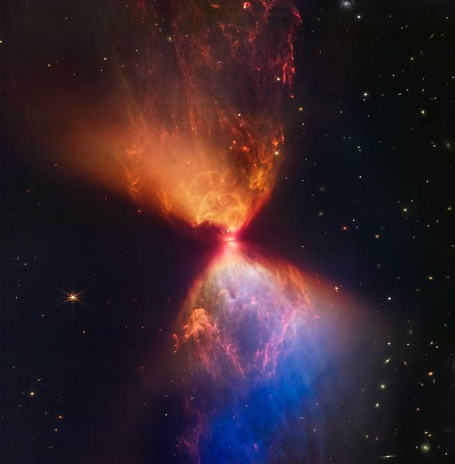 제임스웹 우주망원경이 관측한 원시별 L1527. 우주의 모래시계라고 불린다. 이 거대한 광경 속 원시별은 사실 아주 작디 작은 공간에서 자기 몸집을 키워가고 있다. 작은 원시별이지만 내뿜는 물질이 어마어마해 우주적 스케일의 황홀경을 빚는다. 사진 NASA, ESA, CSA, STScI, Joseph DePasquale (STScI), Alyssa Pagan (STScI), Anton M. Koekemoer (STScI)