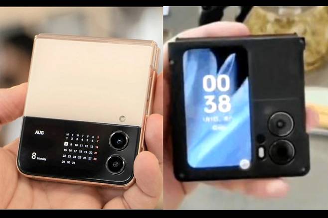 삼성전자의 ‘갤럭시 Z플립4’(왼쪽)와 비슷한 중국 오포(OPPO)의 첫 플립형 스마트폰 ‘오포 파인드N2 플립’ 영상이 유출됐다. 오포는 폴더블폰 시장에서 삼성을 압도하고 있다고 자신한다. [웨이보]