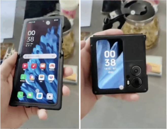 삼성전자의 ‘갤럭시 Z플립4’(왼쪽)와 비슷한 중국 오포(OPPO)의 첫 플립형 스마트폰 ‘오포 파인드N2 플립’ 영상이 유출돼 온라인 커뮤니티에서 높은 관심을 끌고 있다. [웨이보]