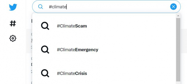 ▲현재 트위터에서 '기후'(Climate)을 검색하면 기후사기를 뜻하는 'Climatescam' 해시태그가 가장 상위에 노출되고 있다. 기후위기에 대한 검색어보다 더 상위에 노출된다. ⓒ트위터 갈무리