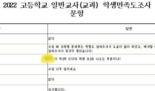 ▲지난 2일 교원평가 성희롱 피해 교사들이 소셜미디어 계정을 통해 공개한 '2022 고등학교 일반교사 학생만족도조사(교원평가) 결과에 기입된 성희롱 발언 중 일부 ⓒ교원평가성희롱공론화 트위터 계정