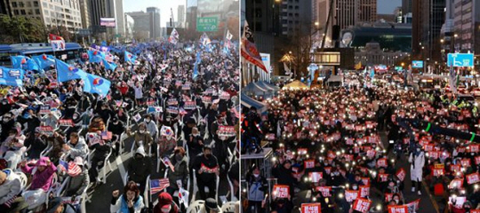 지난 11월 26일 서울 세종대로에서 열린 보수단체 집회(왼쪽)와 서울 태평로 숭례문 일대에서 촛불전환행동 주최로 열린 반정부 촛불집회.