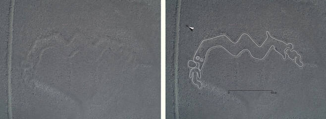지난 2019년 야마가타대학 연구팀이 발견했다고 발표한 뱀 모양 나스카 라인. 실제 모습(왼쪽)과 가공된 모습
