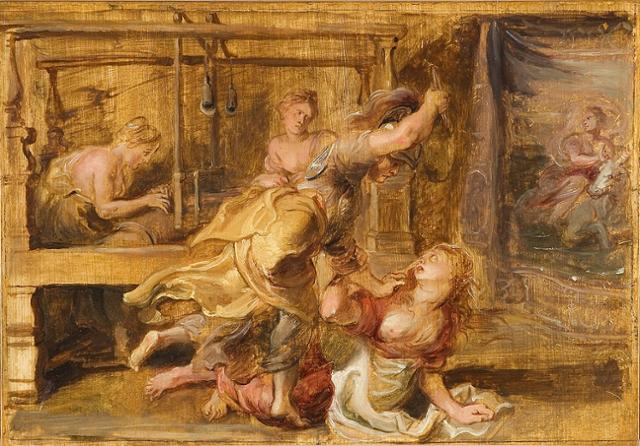피터 폴 루벤스의 그림 '팔라스와 아라크네'(1636년 혹은 1637년)에서 분노한 아테나 여신이 베 짤 때 쓰는 북으로 아라크네를 내리치고 있다. 버지니아 미술관 소장
