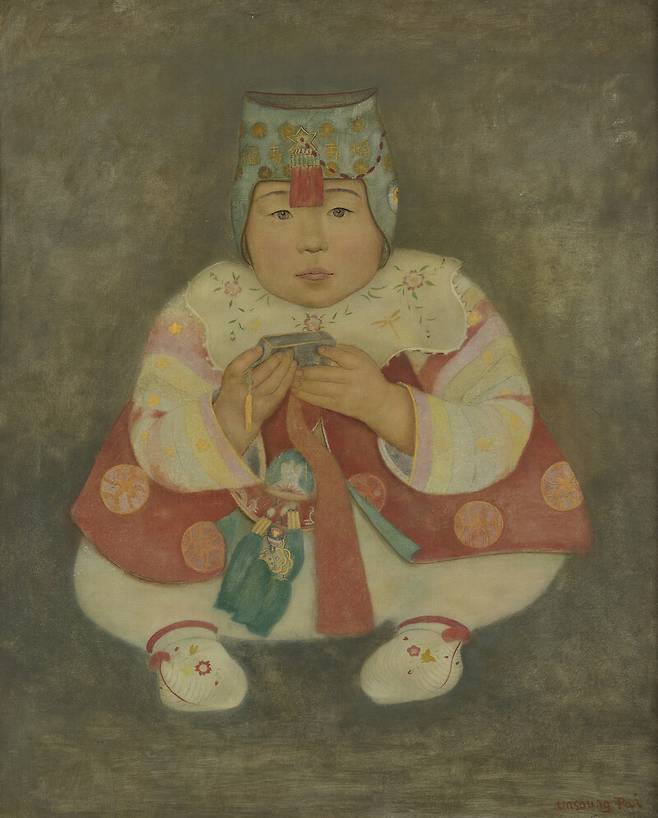 1938년 배운성이 그린 작은 유화 소품인 <한국의 어린이>. 배운성의 어린 조카를 그린 것으로 알려진 작품이다. 1930~35년 그린 것으로 추정되는 <가족도> 하단 부분에 주저앉은 채 나오는 아이 도상을 좀더 정교하게 확대시켜 그린 느낌을 준다. 이런 맥락 때문에 <가족도>를 배운성이 가족을 떠올리며 그린 그림이라고 주장하는 설의 유력한 근거가 되기도 한다.