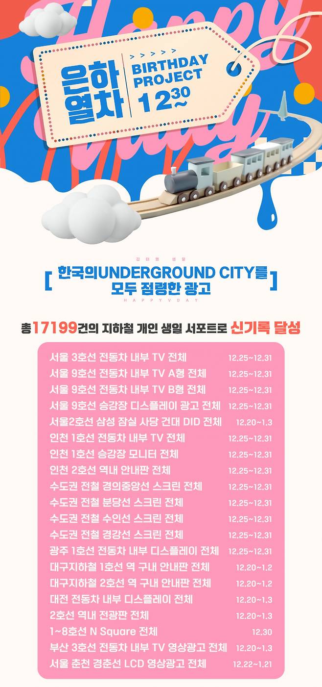 방탄소년단 뷔 中팬클럽, 전국 지하철에 1만 7199개 생일 축하 광고
