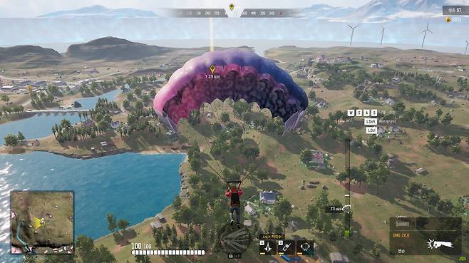 낙하하는 장면. 헬기에서 출발해 지면에 도달하는 시간이 오래 걸리지 않는다.