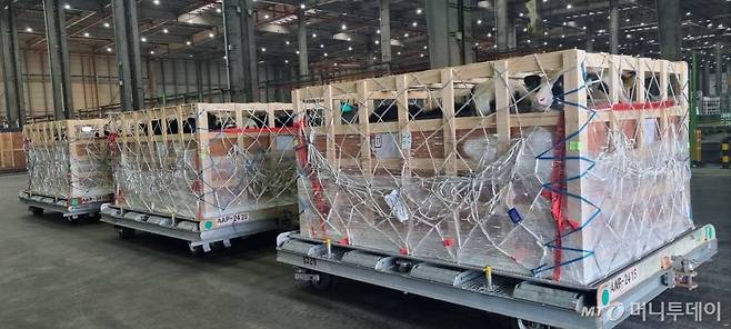 22일 아시아나항공 특별기로 네팔로 향한 젖소(101마리)들이 항공기 탑승에 필요한 절차를 밟고 있다.