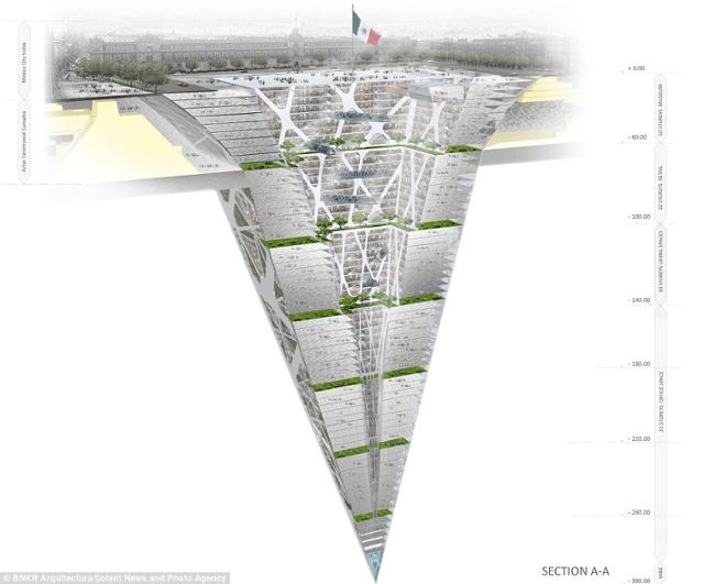 멕시코 건축회사가 제안한 역피라미드형 건물 모습. 데일리메일 캡처·BNKR Arquitectura