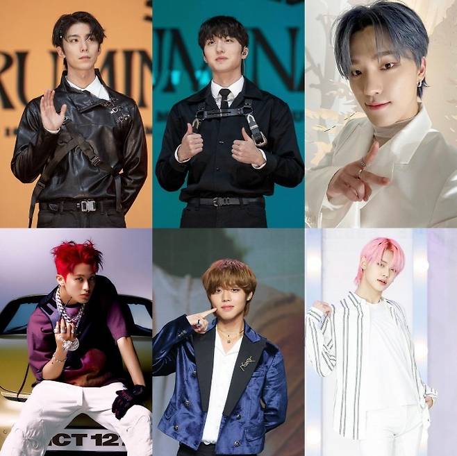 (왼쪽 위부터 시계방향) SF9 휘영·찬희, 세븐틴 디노, TXT 연준, 박지훈, NCT 마크. (사진=FNC, 플레디스, SM엔터테인먼트, 마루기획 제공)