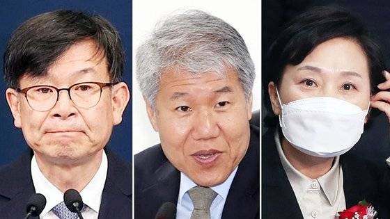 문재인 정부 청와대에서 정책실장을 지낸 김상조 전 실장(왼쪽부터), 김수현 전 실장, 김현미 전 국토부 장관. 연합뉴스