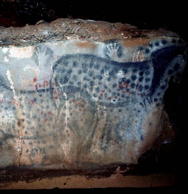 동물 그림과 함께 점 표식 등이 남은 빙하기 벽화 모습. 더럼대학교 제공, BBC 인스타그램 캡처