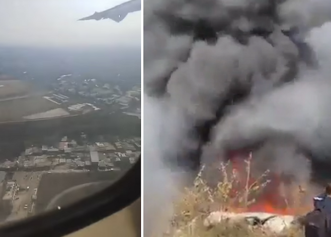 네팔 포카라에서 지난 15일(이하 현지시간) 승무원 포함 총 72명을 태운 여객기의 추락 사고가 발생했다. 사진 왼쪽은 사고 직전 기내에서 촬영한 영상 캡처, 오른쪽은 사고 직후 화재 현장