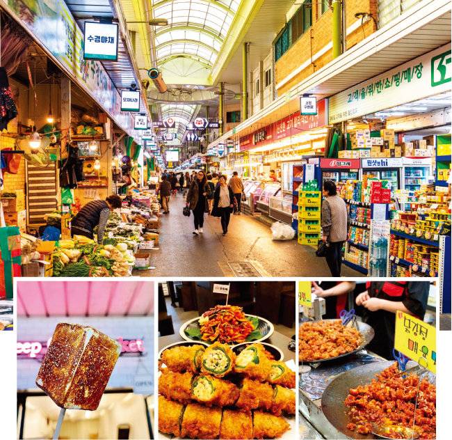 서울 망원시장에서 파는 다양한 먹거리들.