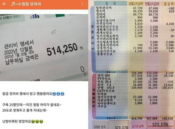 도시가스 요금 인상과 더불어 한파까지 이어지면서 '난방비 폭탄'이 현실화 되고 있는 가운데 온라인상에는 평년 대비 관리비가 2배 이상 늘었다는 인증샷이 쏟아지고 있다. / 사진=온라인 커뮤니티
