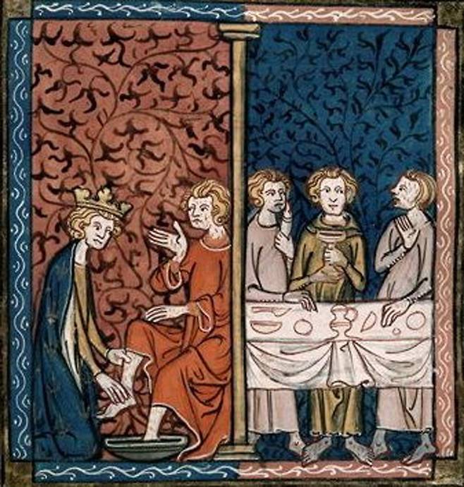 루이9세는 걸인의 발을 직접 씻겨주거나(왼쪽), 가난한 이들에게 식사를 대접하는 등 같은 기독교인에겐 너른 사랑을 베푼 임금이었다. 그만큼 이교도들에겐 가혹한 모습을 보였다.