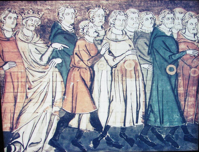 프랑스 왕실이 1182년 유대인을 추방하는 모습을 묘사한 그림. 노란색 뱃지를 단 이들이 유대인이다.