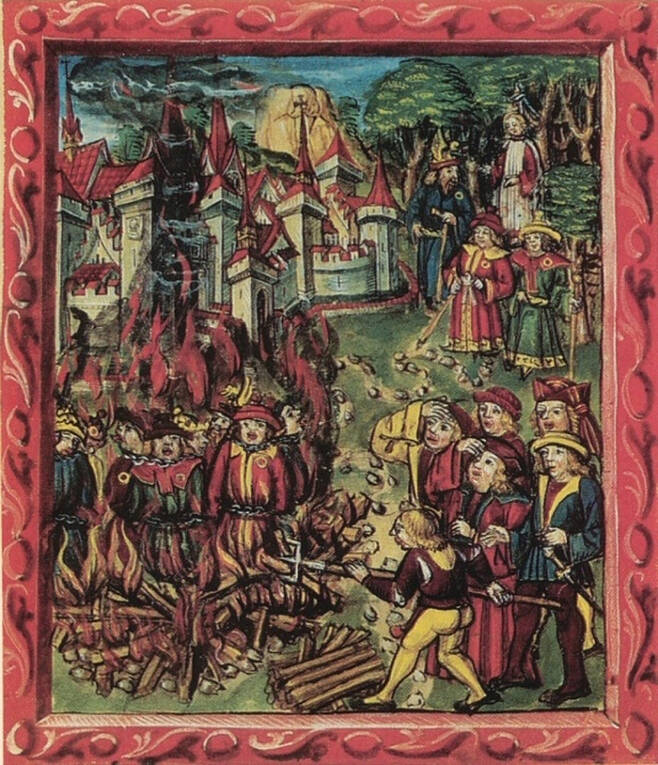 노란색 뱃지를 달고 있는 유대인이 화형을 당하는 모습은 전 유럽에서 발견된다. 1515년 삽화.