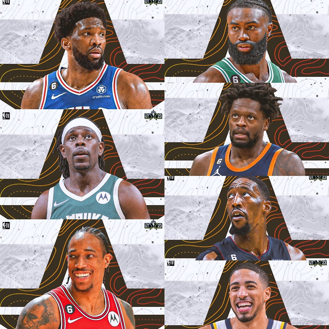 조엘 엠비드(왼쪽), 제일런 브라운, 즈루 할러데이, 줄리어스 랜들, 뱀 아데바요, 더마 드로잔 그리고 타이리스 할리버튼. NBA 공식 SNS 제공