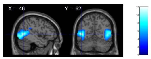 감동을 느낄만한 영상 자극을 보여줬을 때 자신을 비판적이고 부정적으로 느끼는 뇌 영역의 활성화 정도가 떨어졌다. 파란 색이 진할수록 활성화 정도가 낮아졌음을 의미한다. 미국심리학회(APA)