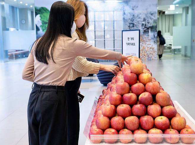 현대카드가 6일 서울 여의도 현대카드 본사 사옥 로비에서 출근길 임직원들에게 사과를 증정하는 깜짝 이벤트를 열었다./현대카드 뉴스룸
