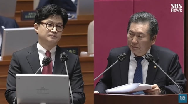 6일 국회 대정부질문에서 격돌한 한동훈 법무부 장관(왼쪽), 정청래 더불어민주당 의원. / 사진=SBS 유튜브 캡처